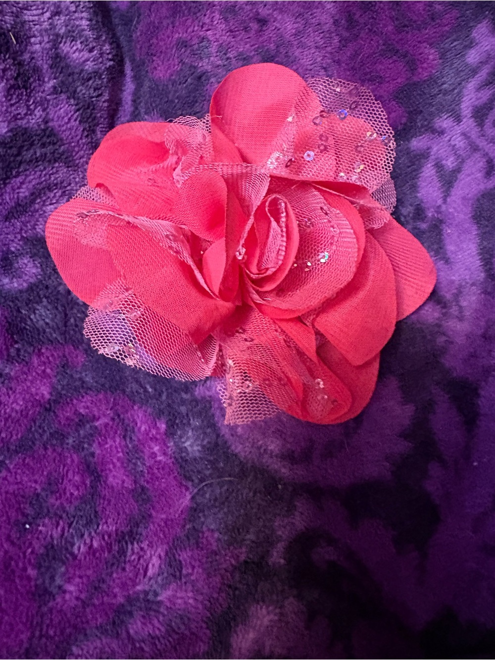 Pink Floral Fabric Hair Clip with Sequin Tulle